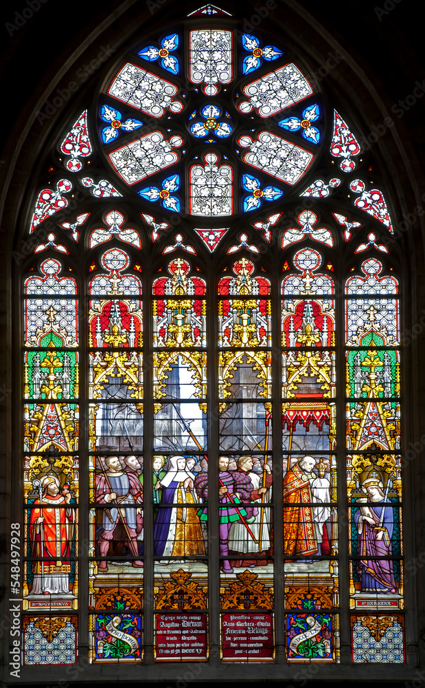 BRUSSELS - JUNE 22: Windowpane in Saint Michael and Saint Gudula gothic cathedral by J.B. Capronnier from 19th century on June 22, 2012 in Brussels.