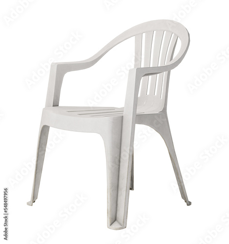 white monobloc plastic chairs isolated on white background. Clipping path included.