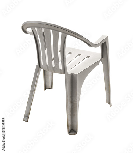 white monobloc plastic chairs isolated on white background. Clipping path included. photo