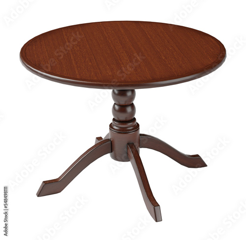 Round brown wooden retro table. Dining table isolated on white background. Clipping path included.