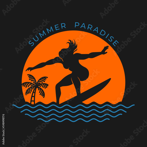 Vector illustration of surfer girl on the surface of the sea with sunset background