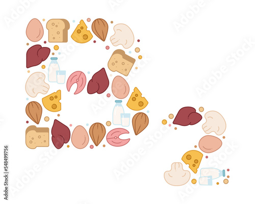 Vitamin B2 poster. Composition of products containing B2 in the shape of the letter. Vector illustration