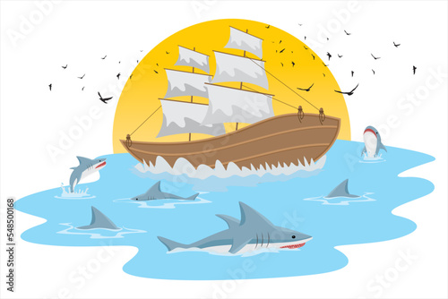 Vector sailboat with dangerous shark. Marine predators swimming in the ocean. Sailing ships swim in the vast ocean