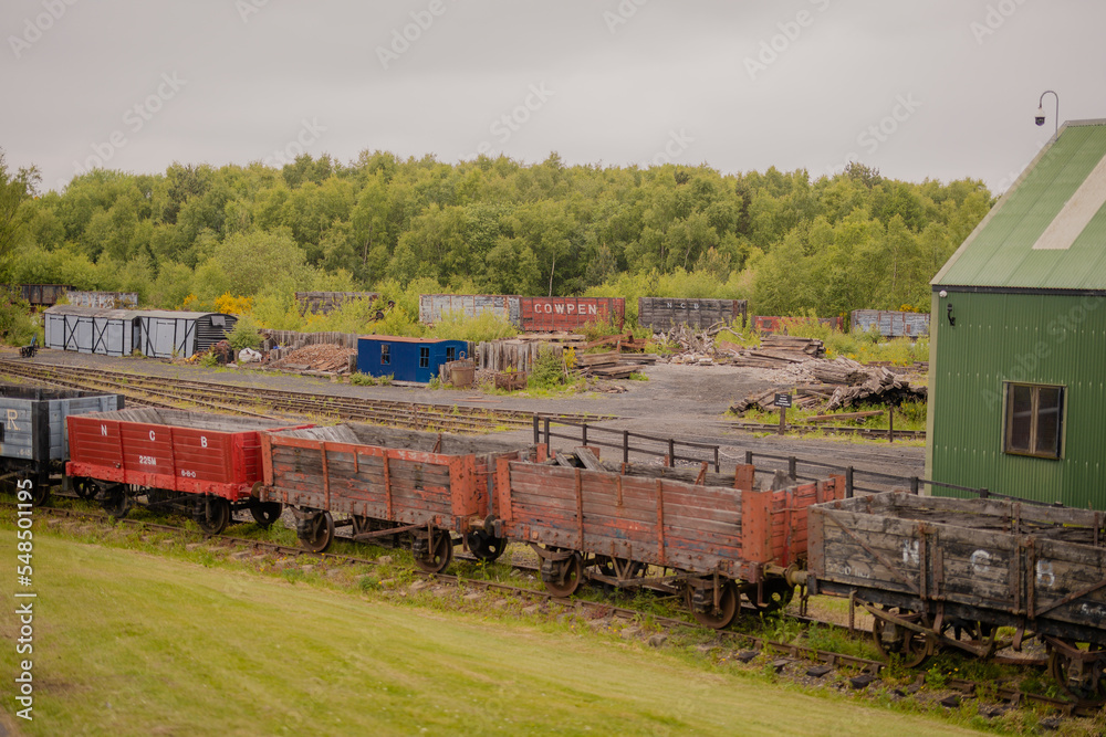 Durham UK: 7th June 2022: Tanfield Railway Station train tracks and vintage freight train carriages Durham UK: 7th June 2022: Tanfield Railway Station train tracks and vintage freight train carriages
