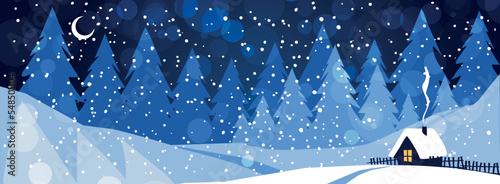 Merry Christmas banner with copy space. Snowy New Year winter forest with house and moon, cozy poster, holiday card. Flat vector cartoon illustration.