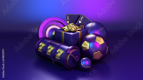 casino betting gambling mix slot machine roulette set card soccer football basketball balls banner 3d render 3d rendering illustration 