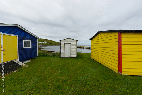 Multiple colorful wooden beach huts on vibrant green grass. The small buildings are yellow, blue, red, and white colored. The blue shed has a vibrant double yellow door with a ramp up the door.