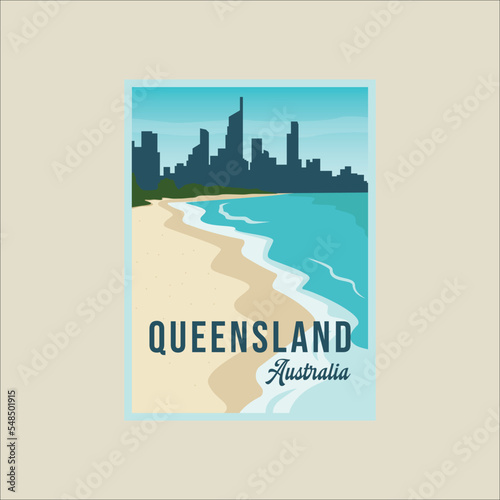 queensland beach poster minimalist vector illustration template graphic design. australia island landmark banner for travel or advertising