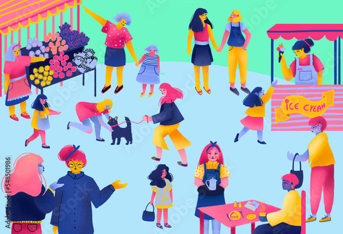 Quadro su tela Mujeres haciendo diferentes actividades en la ciudad