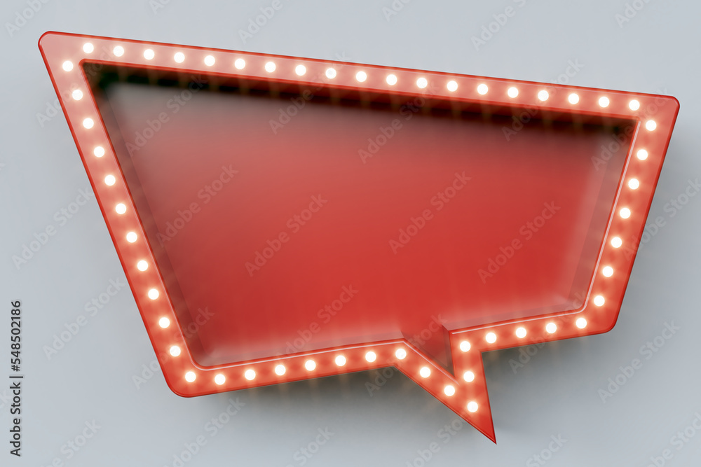 Red retro billboard as uneven speech bubble shape with glowing neon lights - 3D Rendering