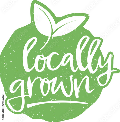 green label or sticker with leaves and text LOCALLY GROWN for regional produce isolated on white, vector illustration