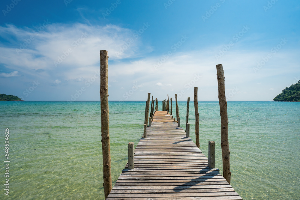 Wooden bridge over the sea. Travel and Vacation. Freedom Concept. Kood island in Trad province, Thailand