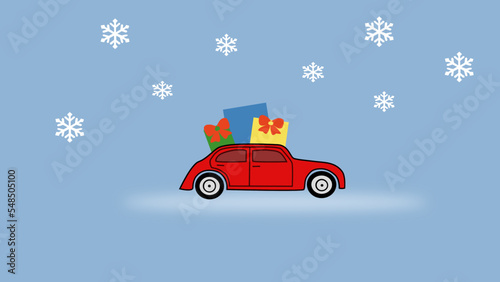 red Christmas car with gifts and snowflakes in the winter background