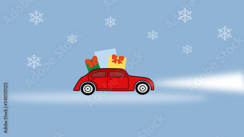 red Christmas car with gifts and snowflakes in the winter background