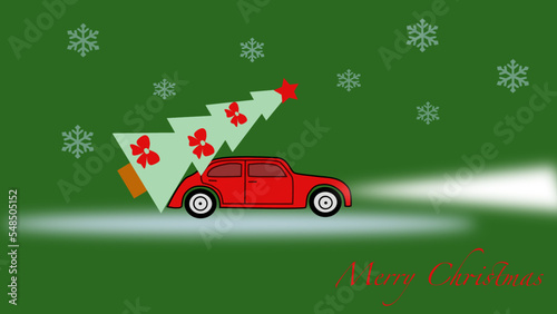 red Christmas car with a Christmas tree and snowflakes in the green background
