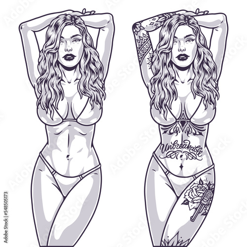 Beautiful young woman monochrome label