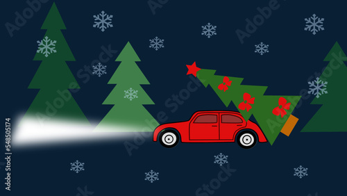 red Christmas car with a Christmas tree and snowflakes in forest on the winter background