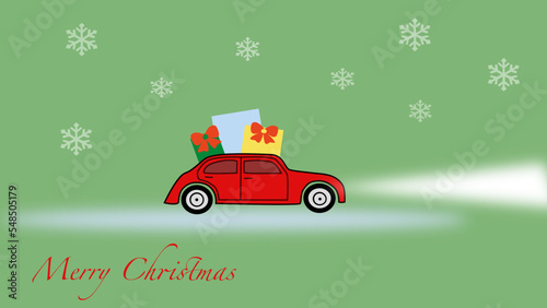 red Christmas car with gifts and snowflakes in the winter background