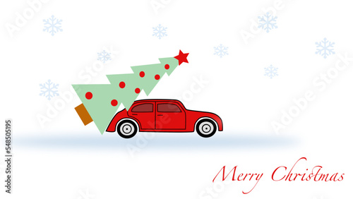 red Christmas car with a Christmas tree and snowflakes in the white background