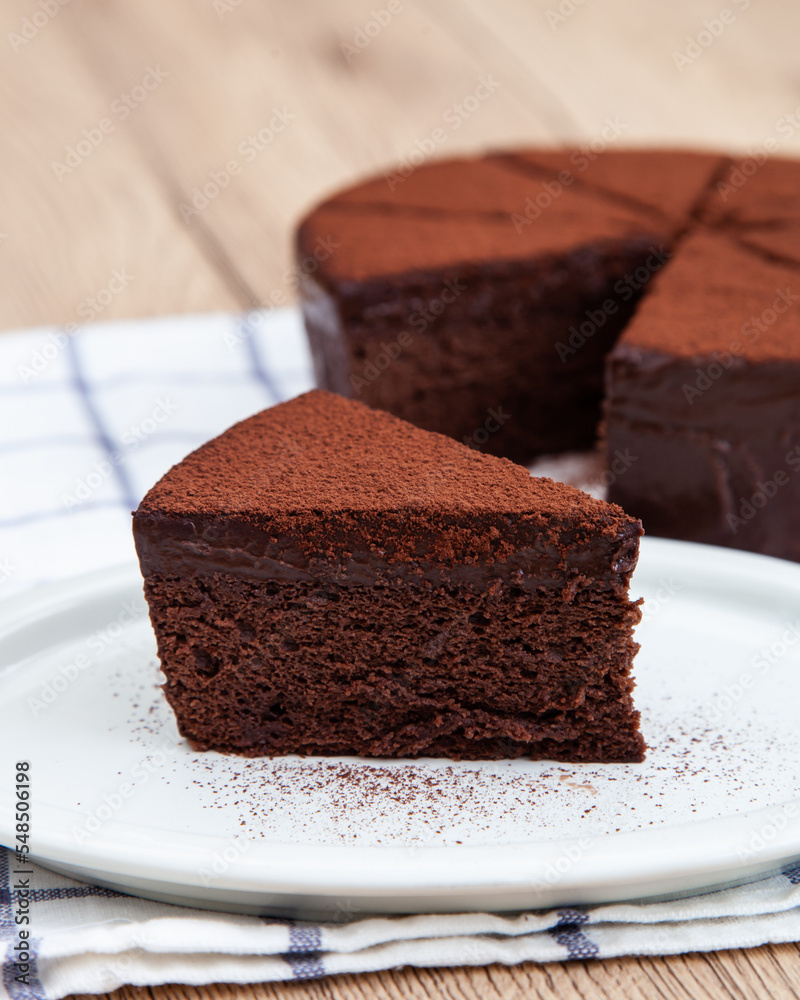 A slice of classic soft and rich chocolate cake