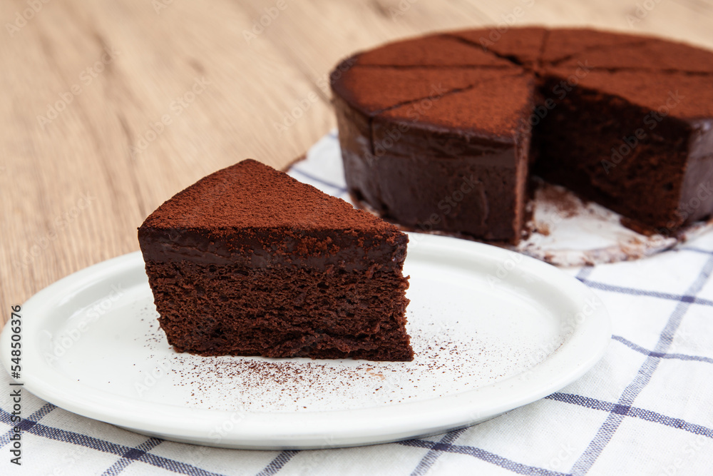 A slice of classic soft and rich chocolate cake A slice of classic soft and rich chocolate cake