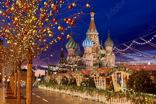 Christmas market on Red square near St. Basil's Cathedral. Moscow, Russia