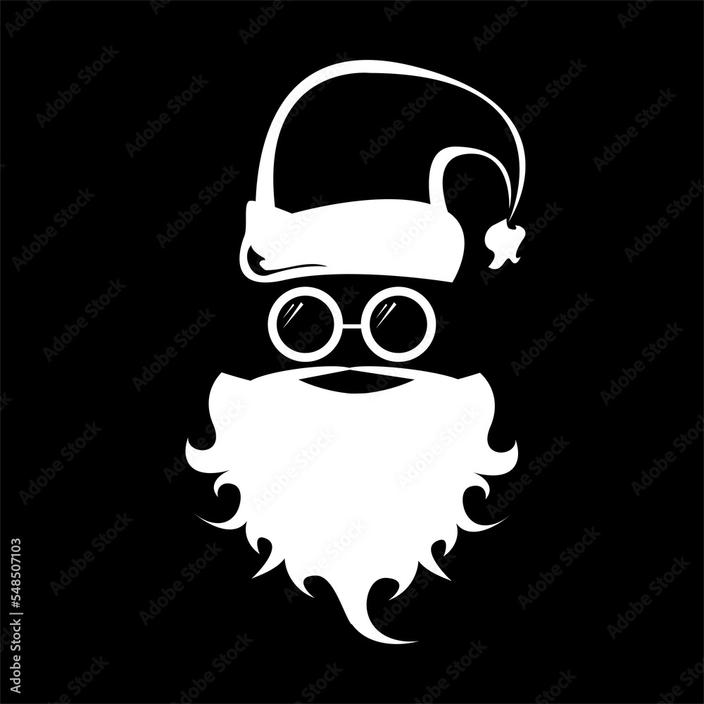 Vector white silhouette of Santa Claus isolated on black background. Santa Claus badge and label design template. Funky christmas old man character with beard and mustache Vector white silhouette of Santa Claus isolated on black background. Santa Claus badge and label design template. Funky christmas old man character with beard and mustache