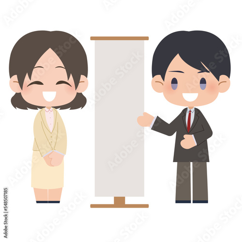 めくりだいの横に立つスーツ姿のビジネス男女のイラスト素材