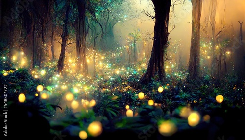 Tropical and exotic night forest,Fairytale forest with mystical magic lights reflected water. Living greenery of the forest.Unreal world background,environment,future imagine.