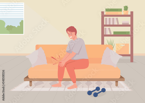Man with injured knee at home flat color vector illustration. Getting trauma during training. Damaged joint. Fully editable 2D simple cartoon character with loving room on background