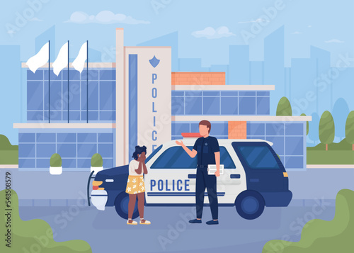 Lost girl and policeman on street flat color vector illustration. Officer helping little child. Fully editable 2D simple cartoon characters with cityscape on background. Bebas Neue font used