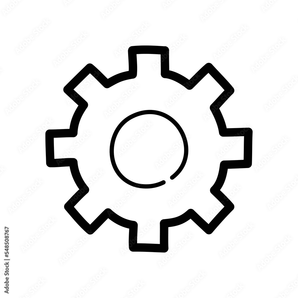 Gear doodle icon. Hand drawn symbol. Vector illustration.