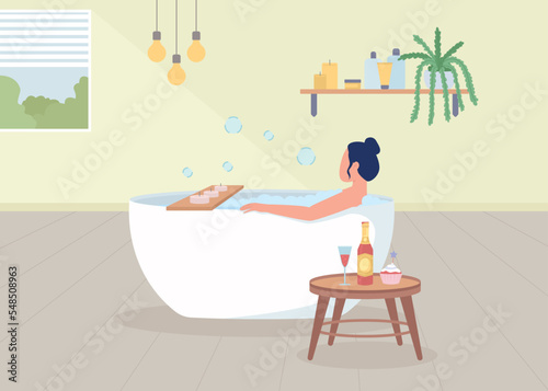 Woman taking bath flat color vector illustration. Lady taking care of herself. hygge atmosphere. Time for relax and recreation. Fully editable 2D simple cartoon character with bathroom on background