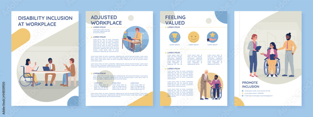 Disability inclusion at workplace flat vector brochure template. Booklet, leaflet printable flat color designs. Editable magazine page, reports kit with text space. Poppins, Quicksand fonts used