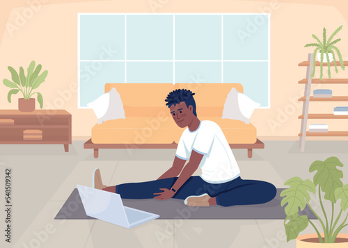Man stretching legs flat color vector illustration. Sportsman streaming domestic training. Video blogger exercising. Fully editable 2D simple cartoon character with living room on background