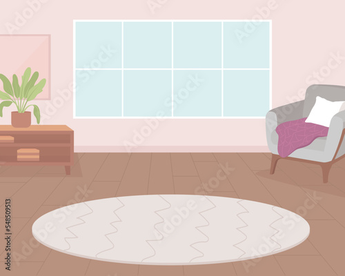 Round carpet in empty living room flat color vector illustration. Home decor idea. Minimalistic residence for rent. Fully editable 2D simple cartoon interior with window on background