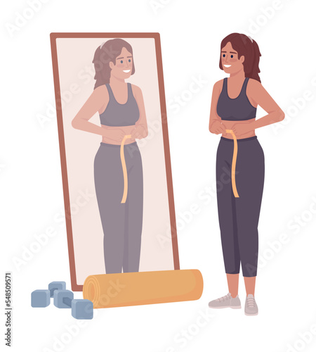 Woman measuring waist near mirror semi flat color vector character. Editable figure. Full body person on white. Weight loss simple cartoon style illustration for web graphic design and animation