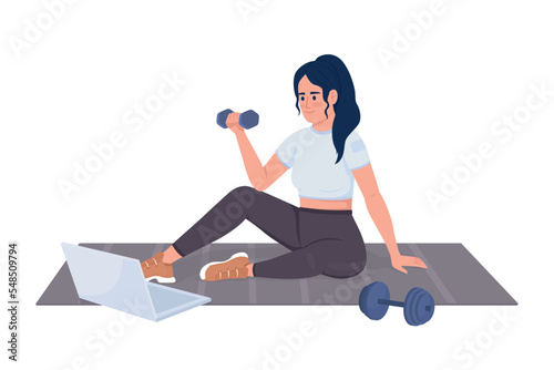 Woman training with video lesson semi flat color vector character. Editable figure. Full body person on white. Sports activity simple cartoon style illustration for web graphic design and animation