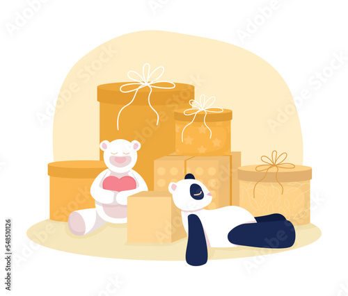 Baby shower gifts 2D vector isolated illustration. Presents for expectant mother and newborn child flat composition on cartoon background. Colourful editable scene for mobile, website, presentation