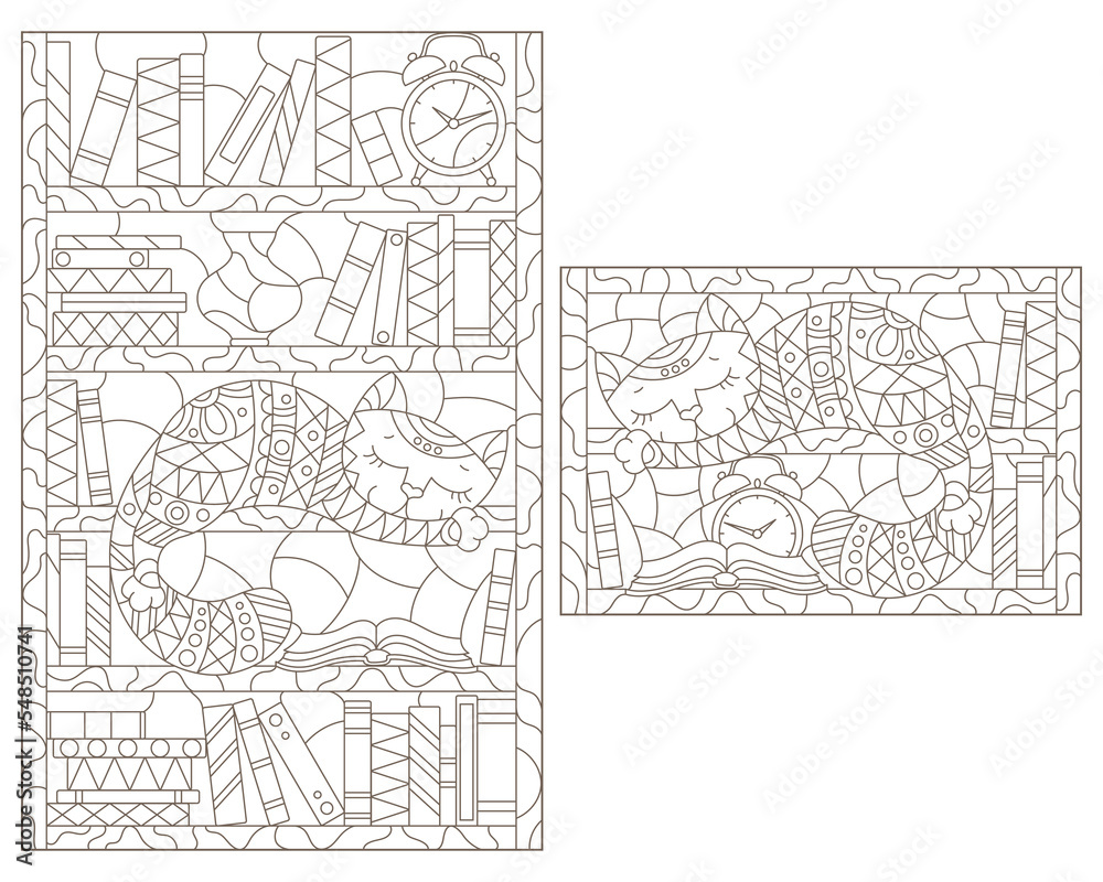A set of contour illustrations in the style of stained glass with a cute cat on bookshelves, dark contours on a white background