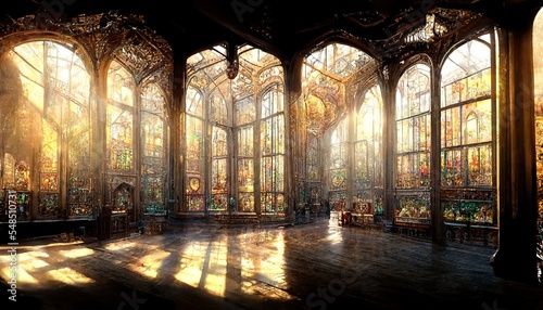 Old Palace interior with high stained glass windows made of multi colored glass, an old majestic hall, sun rays through the windows. Dark fantasy interior. 