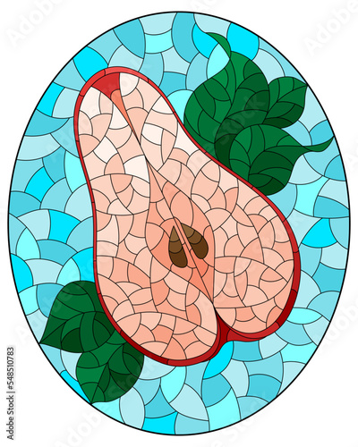 An illustration in the style of a stained glass window with a pear, cherries and leaves on a blue background