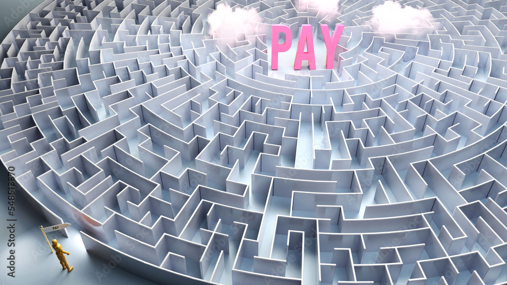 Pay and a difficult path, confusion and frustration in seeking it, hard journey that leads to Pay,3d illustration Pay and a difficult path, confusion and frustration in seeking it, hard journey that leads to Pay,3d illustration