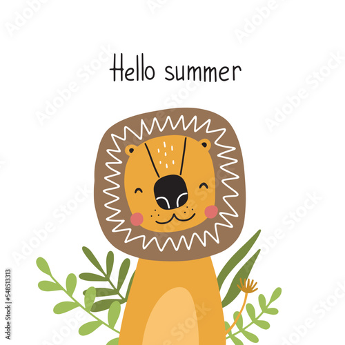 Funny cute lion in lettering: hello summer. Vector illustration in bright colors for nursery decoration, postcards, textiles