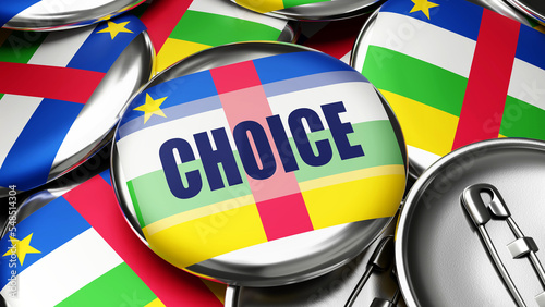 Choice in Central African Republic - national flag of Central African Republic on dozens of pinback buttons symbolizing upcoming Choice in this country. ,3d illustration