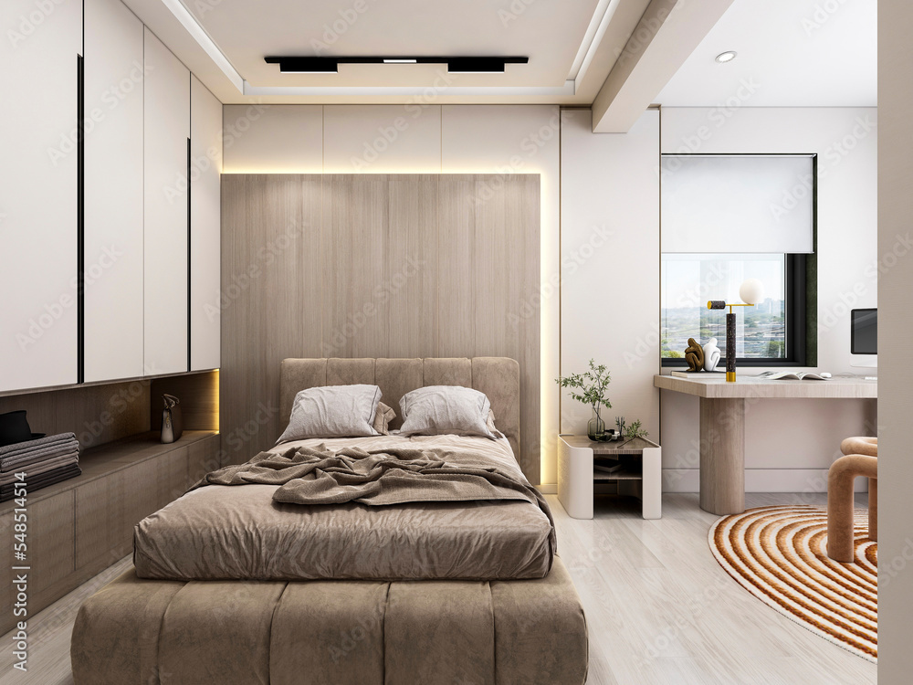 3D rendering, elegant and modern bedroom design, big bed with overcoat cabinet, coffee table, TV, carpet, etc., very comfortable and leisure.