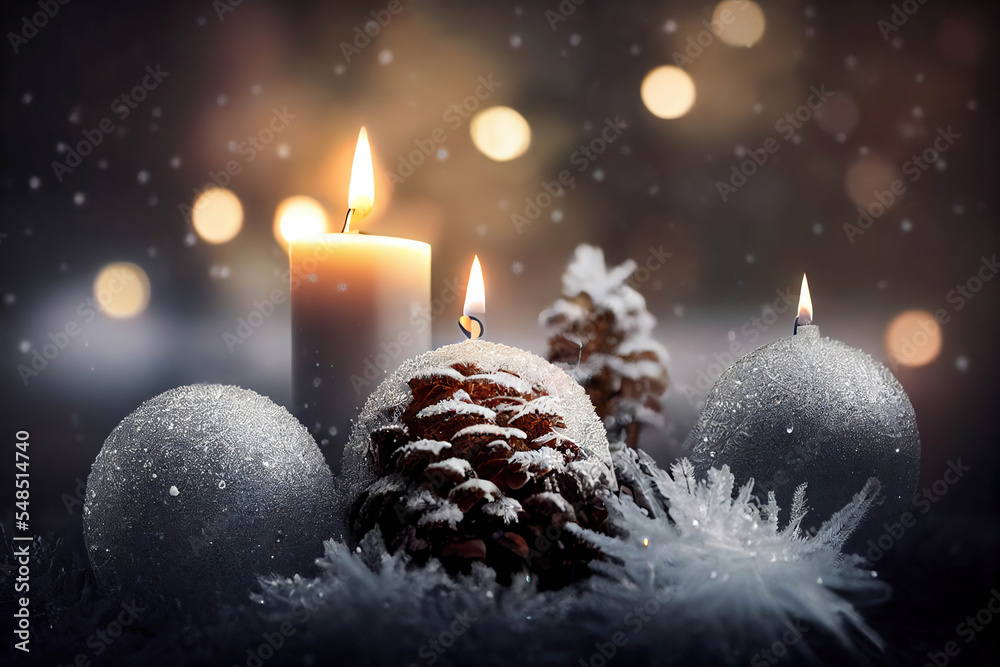 Christmas candles and cones in the snow on a glowing bokeh background, AI generated image