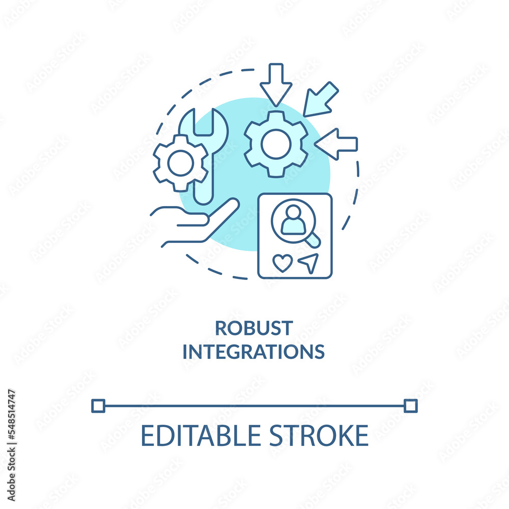 Robust integrations turquoise concept icon. Analyzing content tools. Adjust site abstract idea thin line illustration. Isolated outline drawing. Editable stroke. Arial, Myriad Pro-Bold fonts used