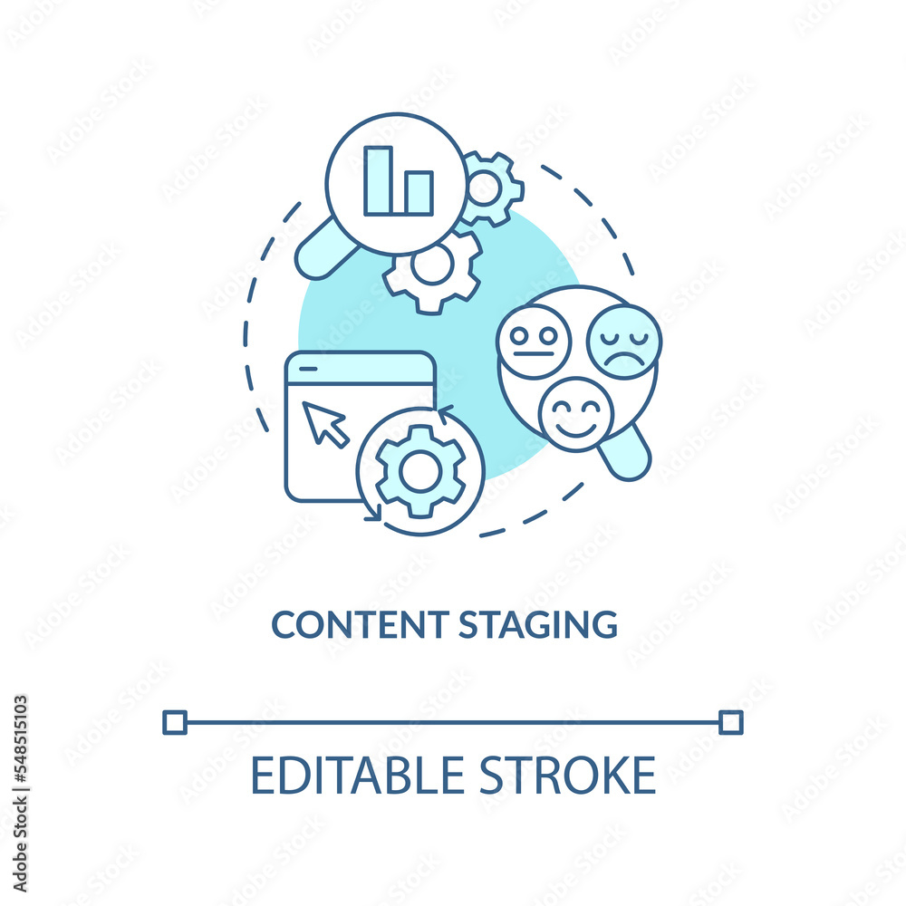 Content staging turquoise concept icon. Review before publishing. Test version abstract idea thin line illustration. Isolated outline drawing. Editable stroke. Arial, Myriad Pro-Bold fonts used