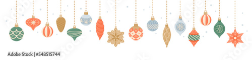 Cute hanging decorations, christmas template for card and banner. Vector illustration in flat cartoon style